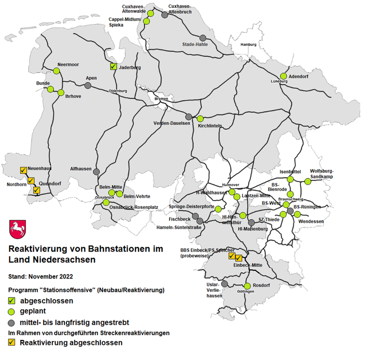Grafik mit reaktivierten Bahnstationen in Niedersachsen