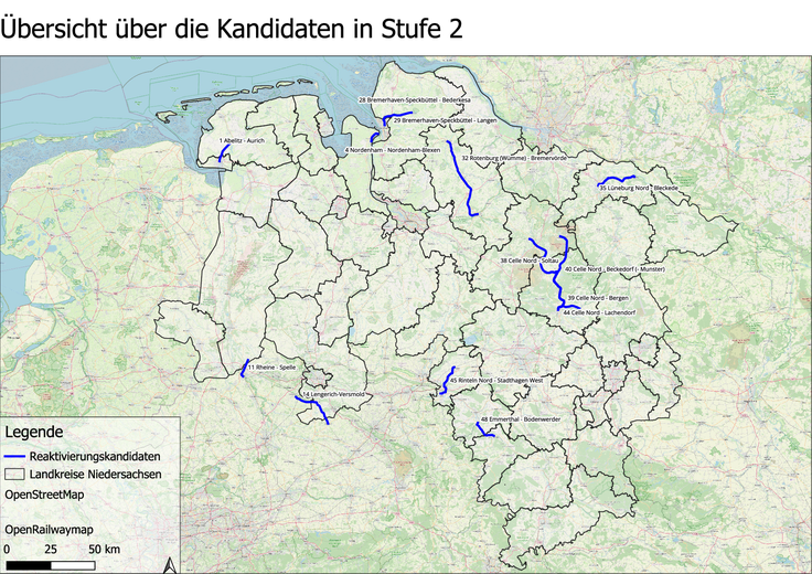 Kartendarstellung der 14 in Stufe 2 aufrückenden Reaktivierungsvorhaben