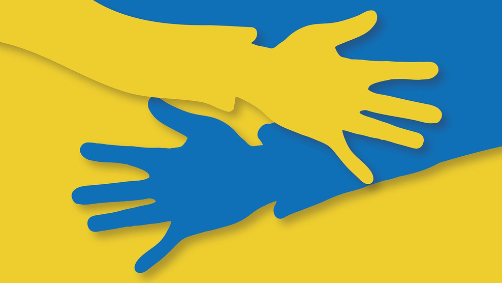 Grafik von einer blauen und einer gelben Hand, die ineinander greifen