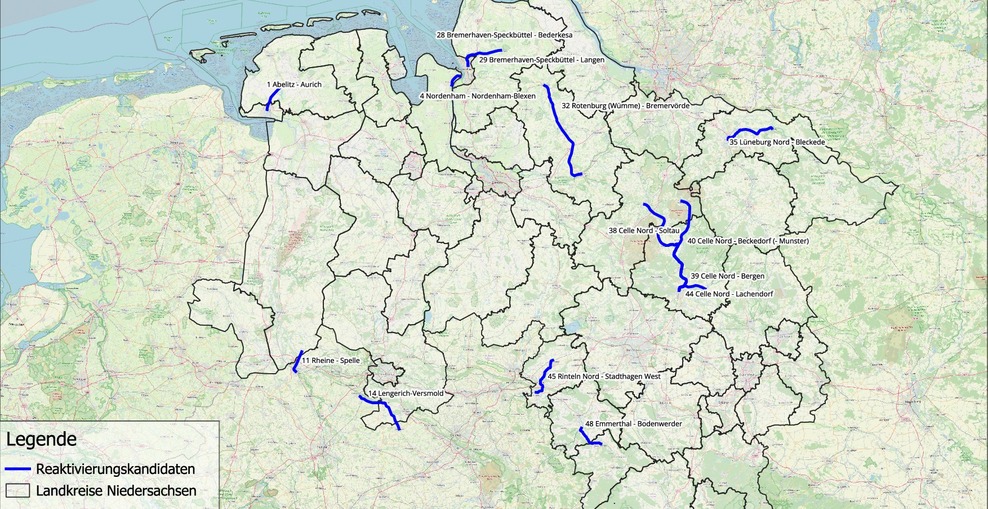 Kartendarstellung der 14 in Stufe 2 aufrückenden Reaktivierungsvorhaben