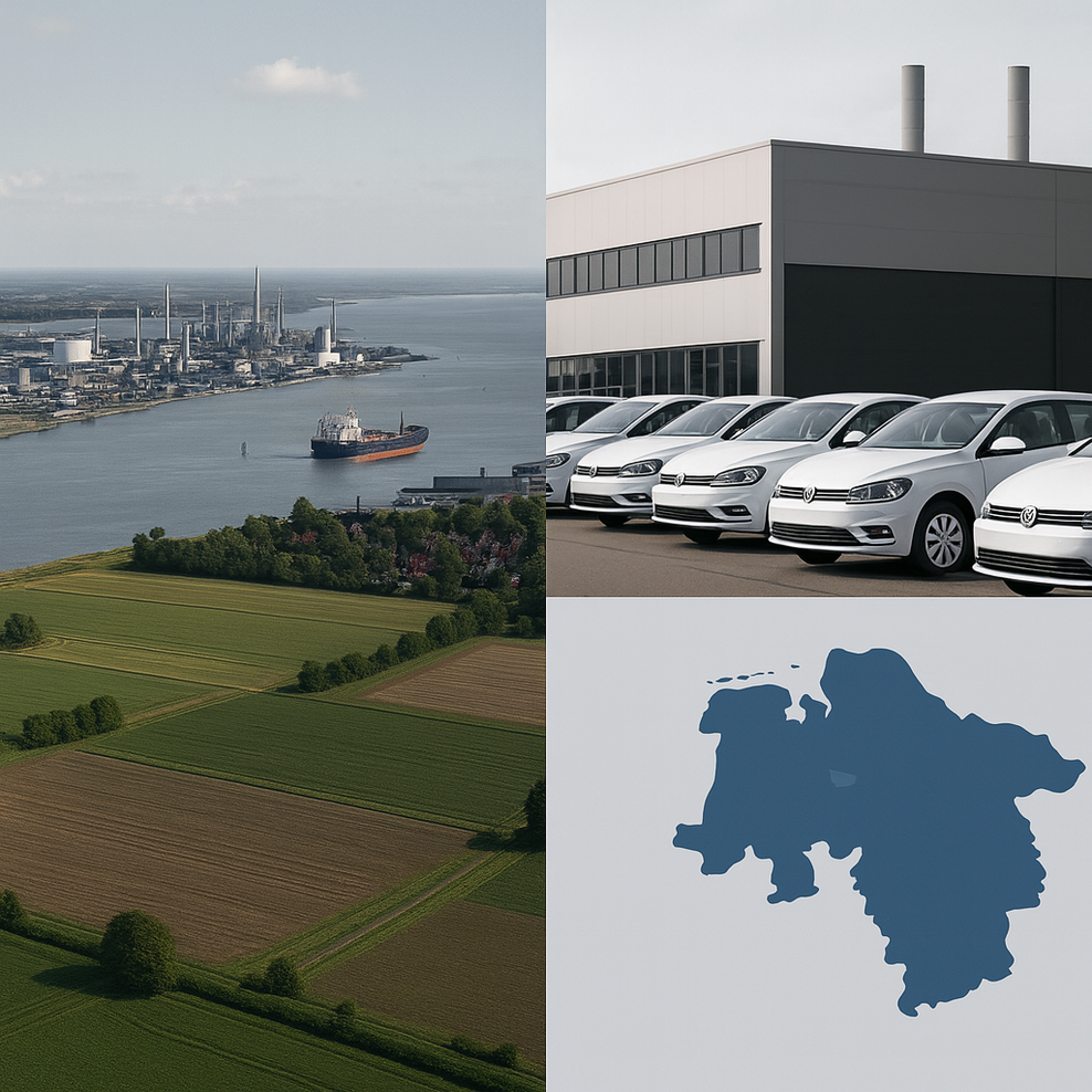 collage mit lanschaft, vw-werk und niedersachsenkarte